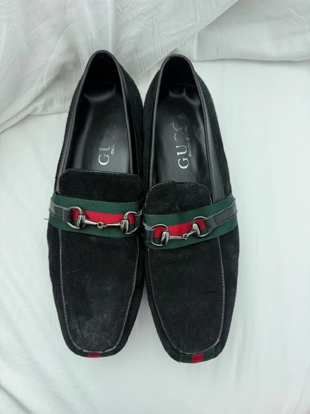 Gucci Black Suede Loafers with Red & Green Web Stripe